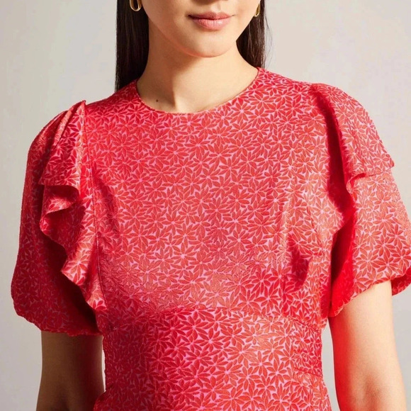 Ted Baker London Geometric Floral Print Puff Sleeves Midi Dress Size 8 US - Picture 4 of 11